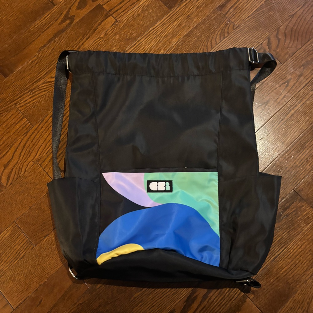 Black Drawstring Backpack with Colorful Pocket - Picture 2 of 8